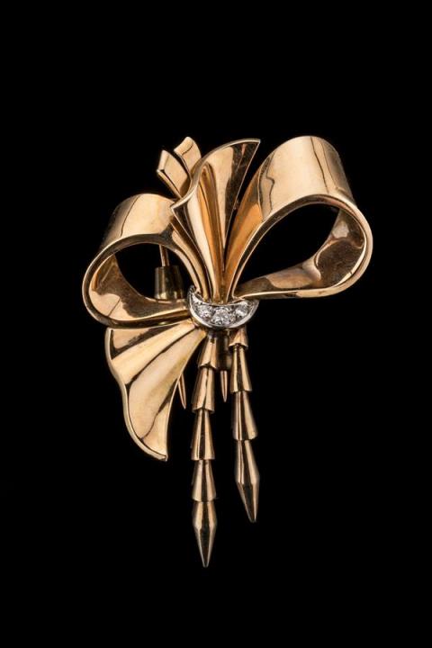 Ancienne Broche Art Déco/Nouveau – Plaqué Or 18k (750) – Motif Nœud – Créateur