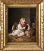 Michel-Phillibert GENOT (1795 - 1862)."Enfant carressant son chien". Huile sur...