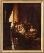 Edouard D'APVRIL (1843-1928). La couture en famille. Huile sur toile,...