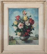 F. J. MARTIN (XXème). Bouquet de roses. Huile sur isorel....