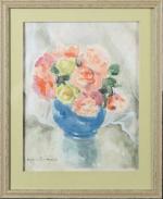 Henriette MOREL (1884-1956). Bouquet de roses dans un vase bleu....