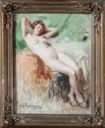 Alexandre-François BONNARDEL (1867-1942). Femme nue posant les bras levés. Huile...