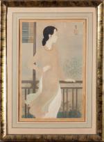 MAI THU (1906-1980). Femme sur son balcon, 1940. Gouache et...