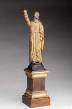 SCULPTURE en bois polychrome, Christ bénissant. Epoque XVIIème-XVIIIème siècle. Base...