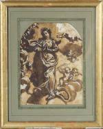 ECOLE ITALIENNE du XVIIème siècle. "Assomption de la Vierge". Lavis...
