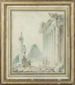 Hubert ROBERT (1733-1808), attribué à. "Caprice architectural animé". Pierre noire,...