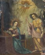 ECOLE FLAMANDE du XVIIème siècle. "Annonciation". L'archange Gabriel à droite...