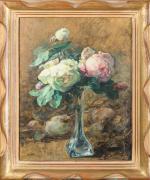Jacques Florent BERRUET (1842-1911). " Vase de roses ". Huile...