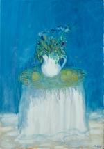 Jacques TRUPHEMUS (1922-2017). "Bouquet sur fond bleu dans l'atelier, 2006"....