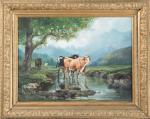 Théodore LEVIGNE (1848-1912). Les vaches passant le torrent, en montagne....