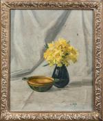 Louis OSIO (1877-1958). "Vases de fleurs et bol", 1925. Huile...