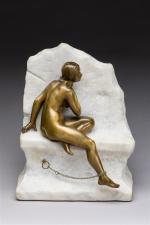 Gustavo Obiols Delgado (1858-1910)
" Femme nue au rocher "
Bronze à...