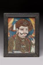 ÉCOLE INDIENNE du XIXème siècle. "Portrait de Maharadja". Fixé sous...