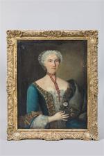 ECOLE ITALIENNE du XIXème siècle. "Portrait d'une femme tenant des...