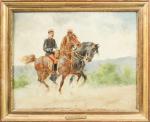 Jules DELAUNAY (1845-1906). " Militaires à cheval ". Huile sur...