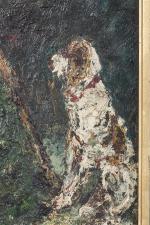 Adolphe MONTICELLI (1824-1886). "Élégante au chien". Huile sur panneau, signée...