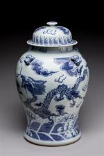 CHINE - VASE globulaire couvert en porcelaine blanc bleu à...