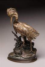 Jules Moigniez (1835-1894), « Héron ». Sujet en bronze polychrome....