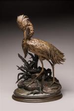 Jules Moigniez (1835-1894), « Héron ». Sujet en bronze polychrome....