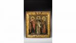 ICONE en bois polychrome à décor de trois saints personnages...