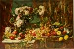 François Miel dit VERNAY (Lyon, 1824-1896). Fleurs et fruits devant...