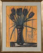 Bernard BUFFET (1928-1999),
Tulipes grenat, 1962,
Crayons de couleur sur papier,
Signé et...