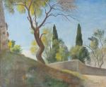 Othon COUBINE (1883-1969). Paysage au mur, les cyprès en Provence.