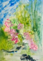 Martine BOUSSION. "Nuage de fleurs". Acrylique sur carton. 50 x...