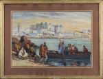 Louis JULLIEN-ROUSSET (1859-1921).
En barque devant Larache au Maroc.
Aquarelle sur papier.
Signé...