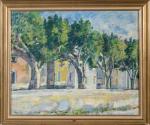 Gottardo PIAZZONI (1872-1945).
Les arbres sur le quai.
Huile sur toile.
Signée en...