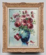 Italo GIORDANI (1882-1956).
Roses dans un vase bleu.
Huile sur panneau.
Signé en...