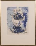 Georges BRAQUE (1882-1963).
Fleurs sur fond bleu.
Lithographie en couleurs sur vélin.
Signé...