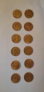 Lot de 12 pièces de 20F or Napoléon III