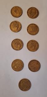 Lot de 9 pièces de 20F or, dont 6 Louis-Philippe,...