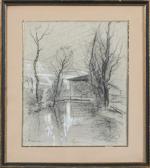 Jacques TRAVERSIER (1875-1935).
Maison dans les arbres.
Fusain et gouache sur papier...