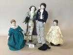 Lot de 4 poupées tête-buste porcelaine aux traits peints,
-Prosper d'Ecully...