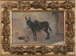 Fernand CORMON (1845-1924).
L'âne et les poules.
Huile sur panneau.
Signé des initiales...