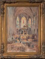 Eugène VILLON (1879-1951).
Intérieur d'église.
Aquarelle sur papier.
Signé en bas à droite.
A...