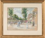 Georges STEIN (1870-1955).
Boulevard animé à Vichy.
Gouache sur papier.
Signé et situé...