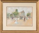 Georges STEIN (1870-1955).
L'entrée du Parc des Sources, Vichy.
Gouache sur papier.
Signé...