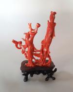Petit GROUPE en corail rouge, représentant deux musiciennes. 
Chine, vers...