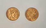 2 pièces de 20 francs or, 1 Cérès 1851 et...