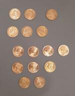 Lot de 15 pièces de 20F or (comprenant 3 Napoléon...