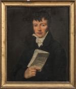ECOLE FRANCAISE vers 1840. "Portrait d'homme au journal". Huile sur...