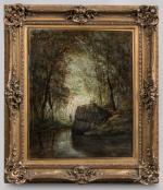 Théodore LEVIGNE (1848-1912).
Pêcheur en sous-bois.
Huile sur toile.
Traces de signature en...