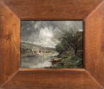 Théodore LEVIGNE (1848-1912).
Paysage au pont de Fontaines-sur-Saône.
Huile sur toile.
Signé en...