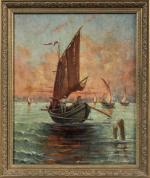 C. ROCHARD ( ?) ( XIXème-XXème siècles).
Pêcheurs au soleil couchant.
Huile...