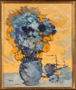 Eliane THIOLLIER (1926-1989). "Harmonie bleue". Huile sur toile. Signé en...