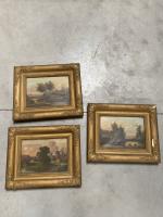 ECOLE FRANCAISE DU XIXe siècle, "Paysages animés", trois huiles sur...