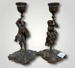 Deux BOUGEOIRS en bronze à décor de personnages.
Travail de la...